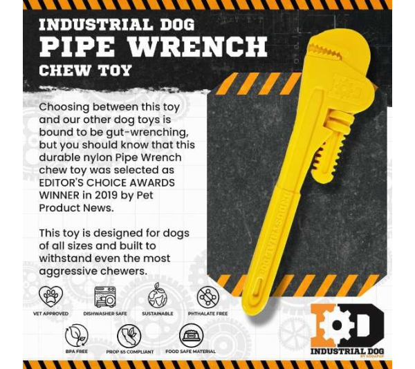Yellow - ID Pipe Wrench  Ultra Durable Nylon Dog Chew Toy for Aggressive Chewers  - OSFA