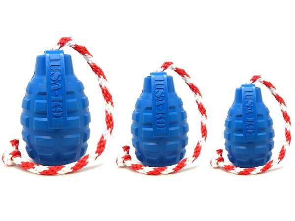 Red - USA-K9 Grenade Durable Rubber Chew Toy, Treat Dispenser, Reward Toy, Tug Toy, and Retrieving Toy - Medium