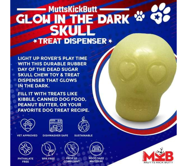 Translucent - MKB Glow in the Dark Sugar Skull Chew Toy & Treat Dispenser - Medium