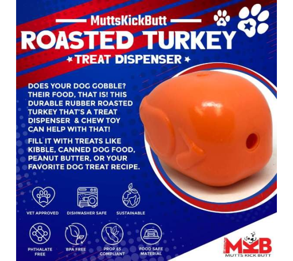 Orange - MKB Roasted Turkey Durable Rubber Chew Toy & Treat Dispenser  - Medium