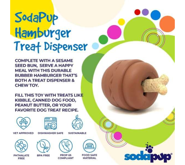 Brown - SP Hamburger Durable Rubber Chew Toy & Treat Dispenser  - Large
