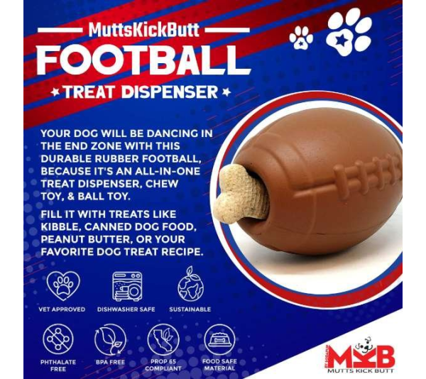 Brown - MKB Football Durable Rubber Chew Toy and Treat Dispenser - Large