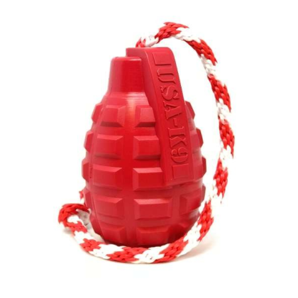Red - USA-K9 Grenade Durable Rubber Chew Toy, Treat Dispenser, Reward Toy, Tug Toy, and Retrieving Toy - Large