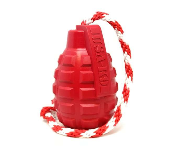 Red - USA-K9 Grenade Durable Rubber Chew Toy, Treat Dispenser, Reward Toy, Tug Toy, and Retrieving Toy - Large