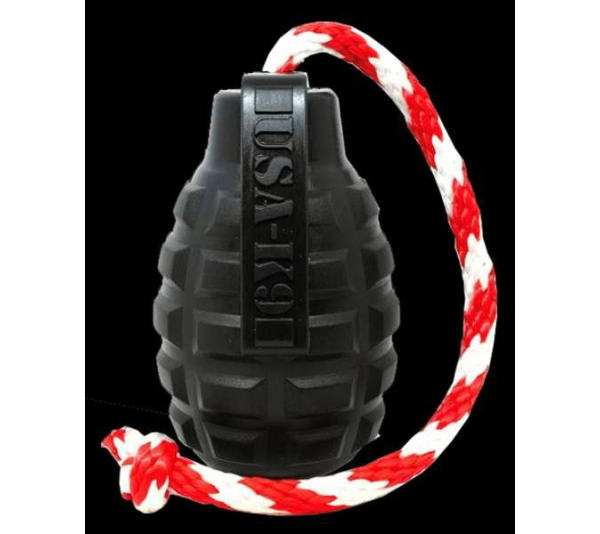 Black - USA-K9 Grenade Durable Rubber Chew Toy, Treat Dispenser, Reward Toy, Tug Toy, and Retrieving Toy - Large