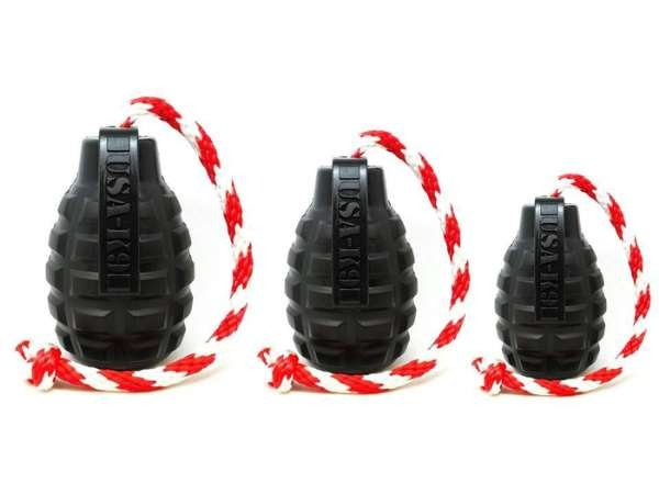 Black - USA-K9 Grenade Durable Rubber Chew Toy, Treat Dispenser, Reward Toy, Tug Toy, and Retrieving Toy - Large