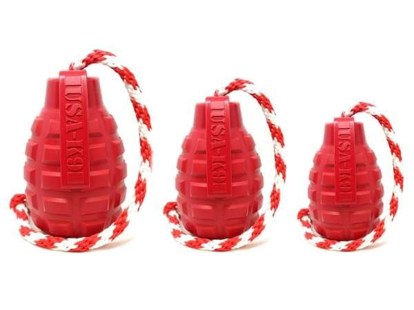 Red - USA-K9 Grenade Durable Rubber Chew Toy, Treat Dispenser, Reward Toy, Tug Toy, and Retrieving Toy - Large