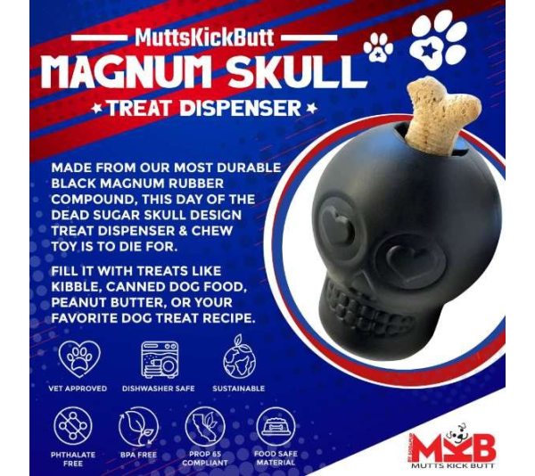 Black - MKB Sugar Skull Durable Rubber Chew Toy & Treat Dispenser  - Large