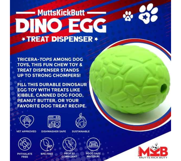 Green - MKB Dinosaur Egg Durable Rubber Chew Toy & Treat Dispenser - Large