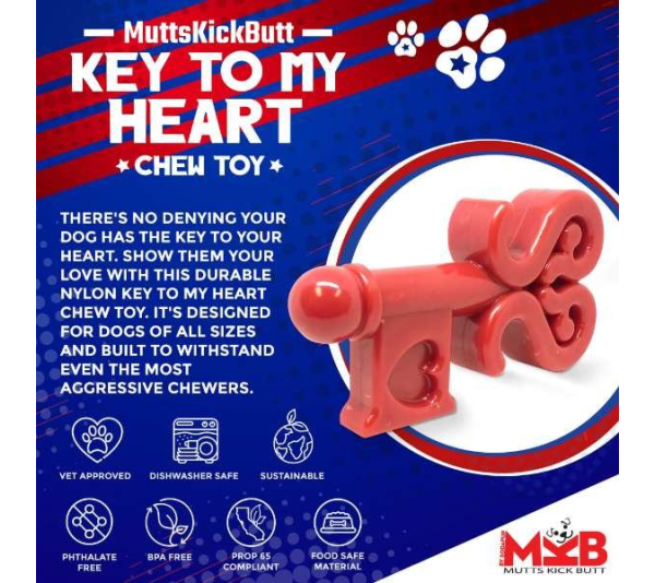 Red - MKB Key to My Heart Ultra Durable Nylon Dog Chew Toy for Aggressive Chewers - OSFA