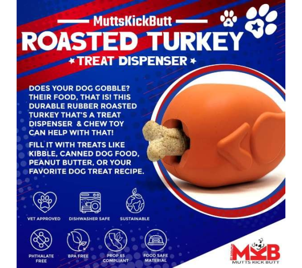 Orange - MKB Roasted Turkey Durable Rubber Chew Toy & Treat Dispenser  - Large