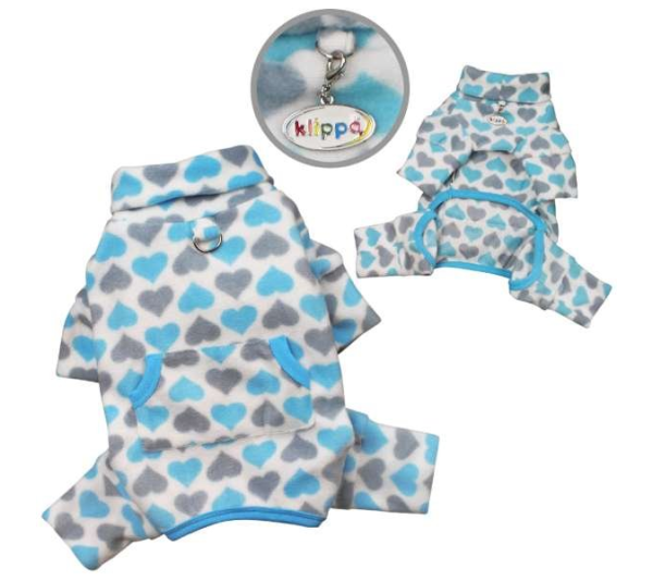 Blue - Blue & Gray Hearts Fleece Turtleneck Pajamas - S