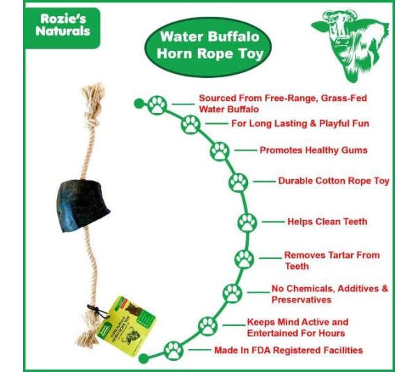 Black/White - WATER BUFFALO HORN ROPE TUG TOY-100% Cotton Rope 14", Long-Lasting, Natural Dog Treat & Chews, Dog Dental Chew Toy-2 COUNT-10 oz - Medium