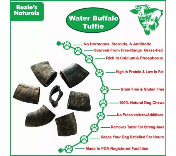 Black - WATER BUFFALO HORN TUFFIE- 100% Natural Dog Treat & Chews, Grain-Free, Gluten-Free, Dog Chewing Dental Toys, 2 COUNT, 7.5 oz - Medium