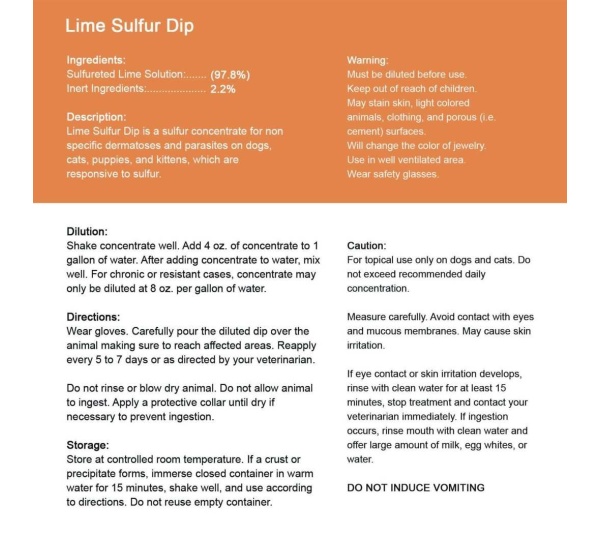 Lime Sulfur Dip - Pet and Veterinary Solution for Dermatitis, Mange, Ringworm and other Parasites - 8 fl oz