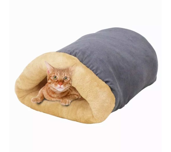 Grey - GOOPAWS 4 in 1 Self Warming Burrow Cat Bed, Pet Hideway Sleeping Cuddle Cave - 22" x14" x10"