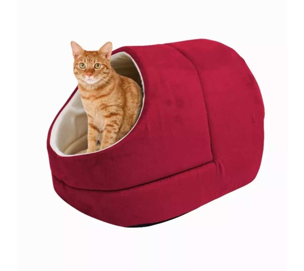 Burgundy - GOOPAWS Cat Cave for Cat and Warming Burrow Cat Bed, Pet Hideway Sleeping Cuddle Cave - 18" x14" x12"