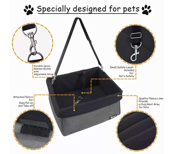 Black - JESPET & GOOPAWS Dog Booster Seats for Cars, Portable Dog Car Seat Travel Carrier with Seat Belt for 24lbs Pets - 16" L x 13" D x 9" H