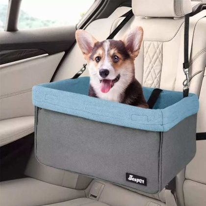 Grey - JESPET & GOOPAWS Dog Booster Seats for Cars, Portable Dog Car Seat Travel Carrier with Seat Belt for 24lbs Pets - 16" L x 13" D x 9" H