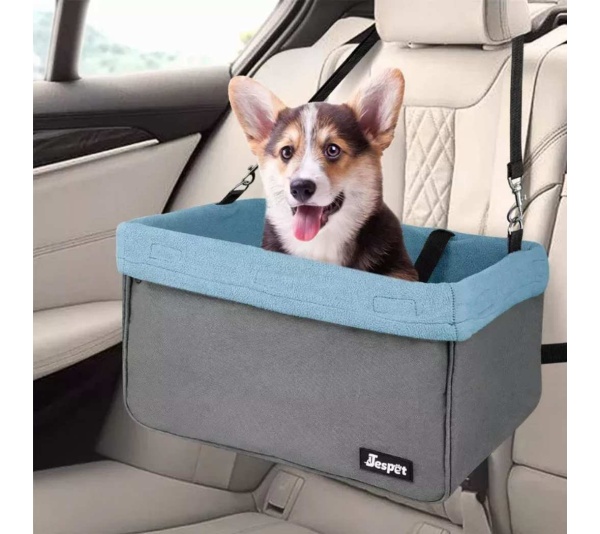 Grey - JESPET & GOOPAWS Dog Booster Seats for Cars, Portable Dog Car Seat Travel Carrier with Seat Belt for 24lbs Pets - 16" L x 13" D x 9" H