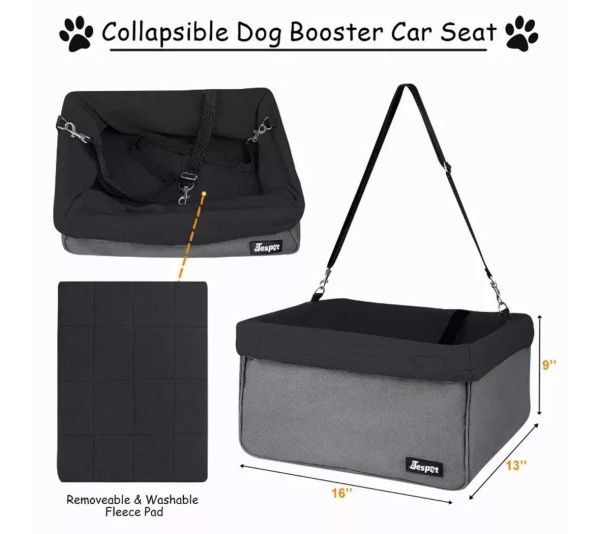 Black - JESPET & GOOPAWS Dog Booster Seats for Cars, Portable Dog Car Seat Travel Carrier with Seat Belt for 24lbs Pets - 16" L x 13" D x 9" H