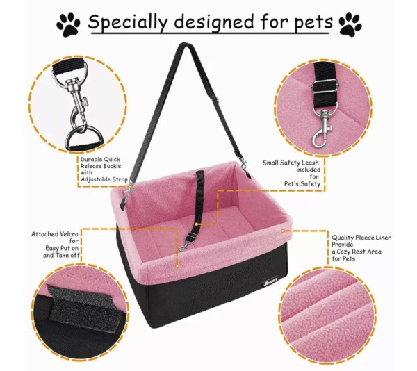 Pink - JESPET & GOOPAWS Dog Booster Seats for Cars, Portable Dog Car Seat Travel Carrier with Seat Belt for 24lbs Pets - 16" L x 13" D x 9" H