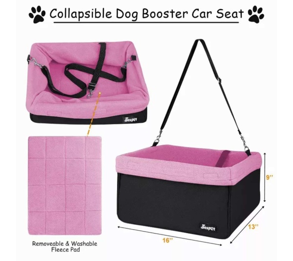 Pink - JESPET & GOOPAWS Dog Booster Seats for Cars, Portable Dog Car Seat Travel Carrier with Seat Belt for 24lbs Pets - 16" L x 13" D x 9" H