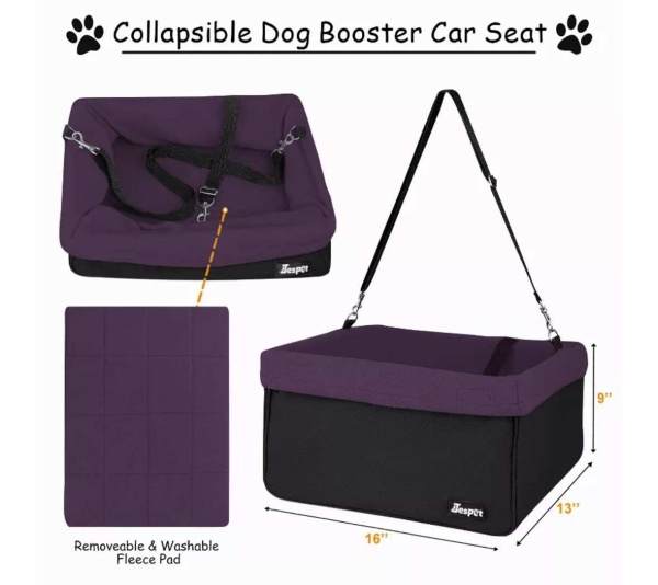 Purple - JESPET & GOOPAWS Dog Booster Seats for Cars, Portable Dog Car Seat Travel Carrier with Seat Belt for 24lbs Pets - 16" L x 13" D x 9" H