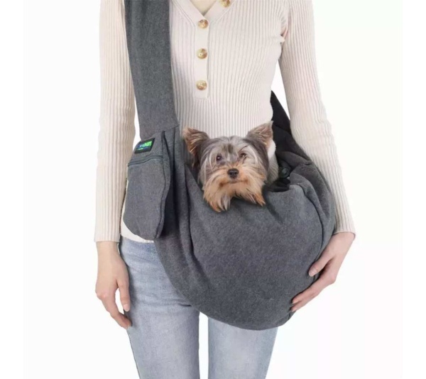 Grey - JESPET Comfy Pet Sling for Small Dog Cat, Hand Free Sling Bag Breathable Soft Knit with Front Pocket, Travel Puppy Carrying Bag, Pet Pouch. Machine Washable - 28" L x 13" H