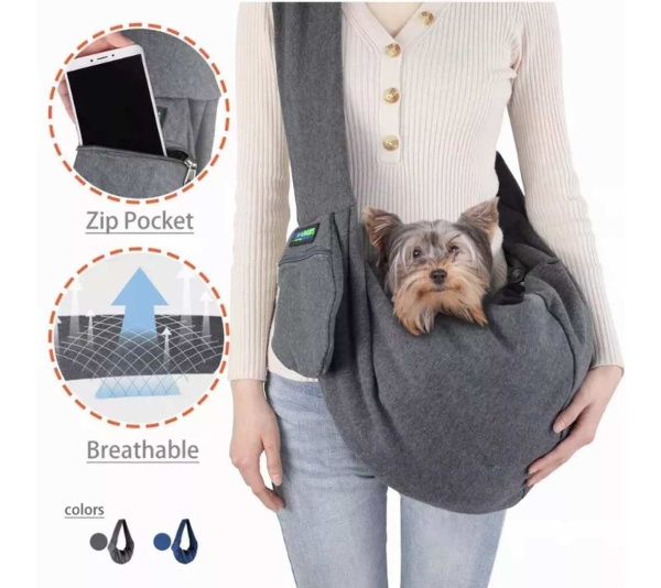 Grey - JESPET Comfy Pet Sling for Small Dog Cat, Hand Free Sling Bag Breathable Soft Knit with Front Pocket, Travel Puppy Carrying Bag, Pet Pouch. Machine Washable - 28" L x 13" H