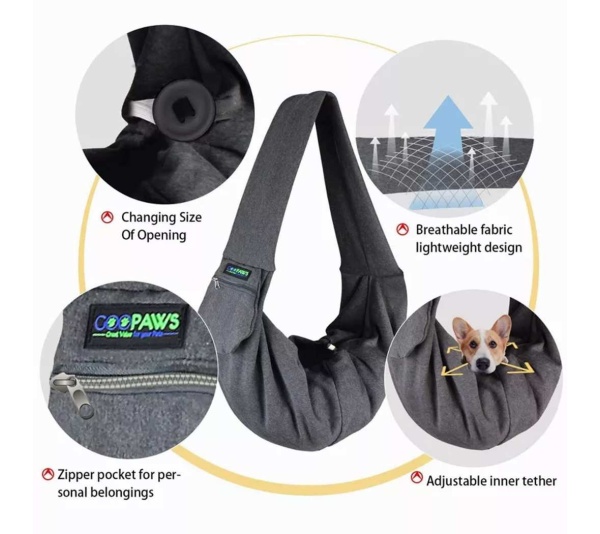Grey - JESPET Comfy Pet Sling for Small Dog Cat, Hand Free Sling Bag Breathable Soft Knit with Front Pocket, Travel Puppy Carrying Bag, Pet Pouch. Machine Washable - 28" L x 13" H