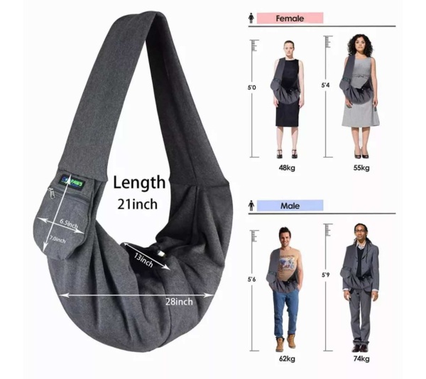 Grey - JESPET Comfy Pet Sling for Small Dog Cat, Hand Free Sling Bag Breathable Soft Knit with Front Pocket, Travel Puppy Carrying Bag, Pet Pouch. Machine Washable - 28" L x 13" H