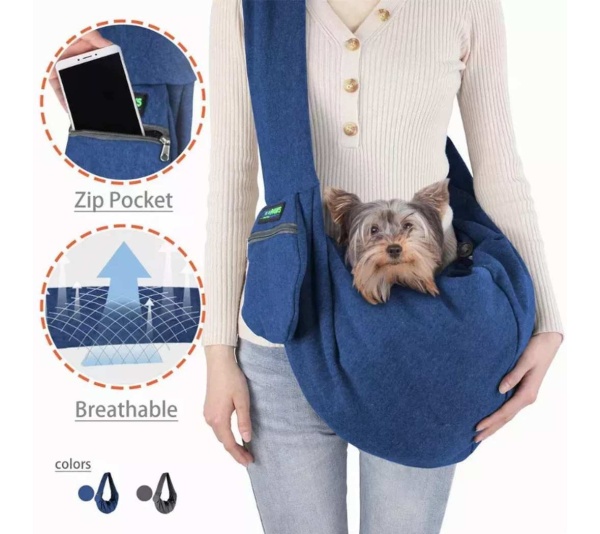 Navy Blue - JESPET Comfy Pet Sling for Small Dog Cat, Hand Free Sling Bag Breathable Soft Knit with Front Pocket, Travel Puppy Carrying Bag, Pet Pouch. Machine Washable - 28" L x 13" H