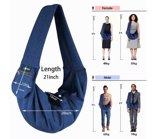 Navy Blue - JESPET Comfy Pet Sling for Small Dog Cat, Hand Free Sling Bag Breathable Soft Knit with Front Pocket, Travel Puppy Carrying Bag, Pet Pouch. Machine Washable - 28" L x 13" H