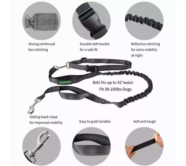 Black - JESPET Hands Free Dog Leash for Running, Walking, Hiking Jogging for Medium & Large Dogs up to 150lbs, Durable Dual Handle Waist Leash with Reflective Bungee and Adjustable Waist - 1'' x 48''