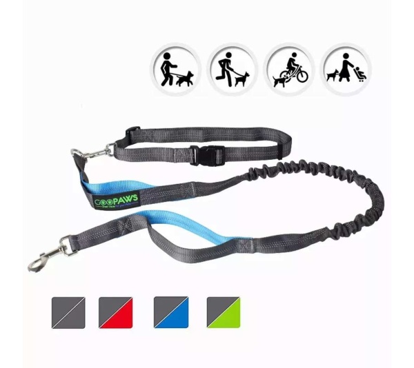 Blue - JESPET Hands Free Dog Leash for Running, Walking, Hiking Jogging for Medium & Large Dogs up to 150lbs, Durable Dual Handle Waist Leash with Reflective Bungee and Adjustable Waist - 1'' x 48''