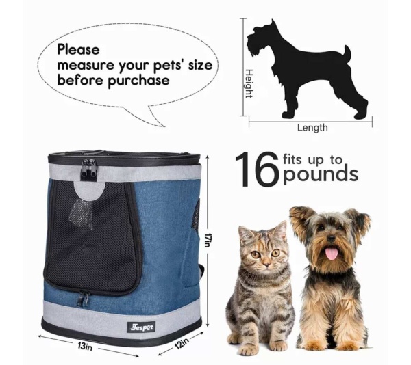 Blue Grey - JESPET Pet Backpack Carrier for Small Dog, Puppy, Soft Carrier Backpack Ideal for Traveling, Hiking, Walking and Outdoor Activities with Family - 13"x 12"x 17"