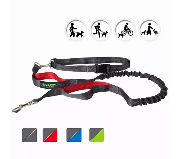Red - JESPET Hands Free Dog Leash for Running, Walking, Hiking Jogging for Medium & Large Dogs up to 150lbs, Durable Dual Handle Waist Leash with Reflective Bungee and Adjustable Waist - 1'' x 48''