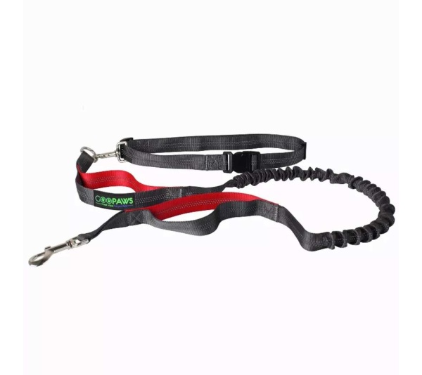 Red - JESPET Hands Free Dog Leash for Running, Walking, Hiking Jogging for Medium & Large Dogs up to 150lbs, Durable Dual Handle Waist Leash with Reflective Bungee and Adjustable Waist - 1'' x 48''