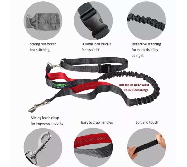 Red - JESPET Hands Free Dog Leash for Running, Walking, Hiking Jogging for Medium & Large Dogs up to 150lbs, Durable Dual Handle Waist Leash with Reflective Bungee and Adjustable Waist - 1'' x 48''