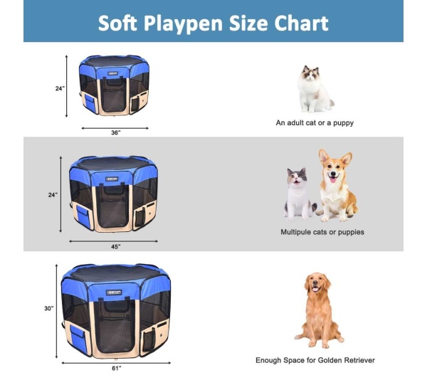 Blue - JESPET Pet Dog Playpens 36", 45" & 61" Portable Soft Dog Exercise Pen Kennel with Carry Bag for Puppy Cats Kittens Rabbits, Indoor/Outdoor Use - 36x36x24 Inch