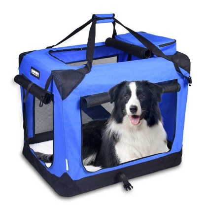 Blue - JESPET Soft Pet Crates Kennel, 3 Door Soft Sided Folding Travel Pet Carrier with Straps and Fleece Mat for Dogs, Cats, Rabbits, Indoor/Outdoor Use with Grey, Blue & Beige, Black - 36"L x 24"W x 27"H