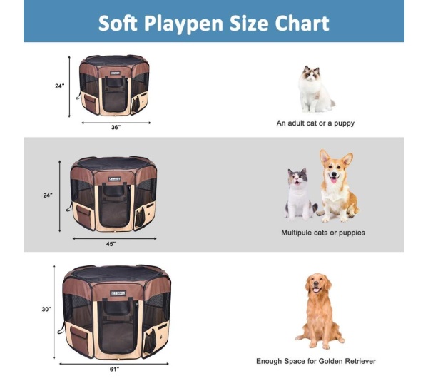 Coffee - JESPET Pet Dog Playpens 36", 45" & 61" Portable Soft Dog Exercise Pen Kennel with Carry Bag for Puppy Cats Kittens Rabbits, Indoor/Outdoor Use - 61x61x30 Inch