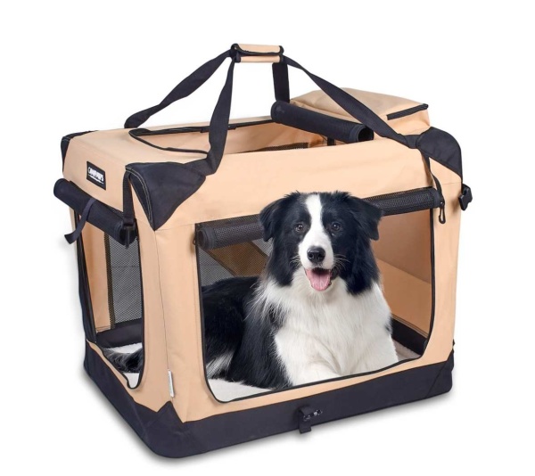 Beige - JESPET Soft Pet Crates Kennel, 3 Door Soft Sided Folding Travel Pet Carrier with Straps and Fleece Mat for Dogs, Cats, Rabbits, Indoor/Outdoor Use with Grey, Blue & Beige, Black - 36"L x 24"W x 27"H