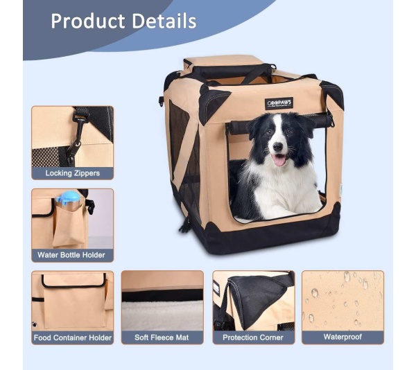 Beige - JESPET Soft Pet Crates Kennel, 3 Door Soft Sided Folding Travel Pet Carrier with Straps and Fleece Mat for Dogs, Cats, Rabbits, Indoor/Outdoor Use with Grey, Blue & Beige, Black - 36"L x 24"W x 27"H