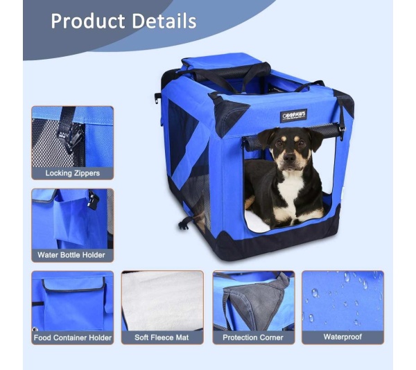 Blue - JESPET Soft Pet Crates Kennel, 3 Door Soft Sided Folding Travel Pet Carrier with Straps and Fleece Mat for Dogs, Cats, Rabbits, Indoor/Outdoor Use with Grey, Blue & Beige, Black - 36"L x 24"W x 27"H