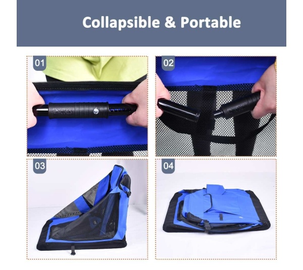 Blue - JESPET Soft Pet Crates Kennel, 3 Door Soft Sided Folding Travel Pet Carrier with Straps and Fleece Mat for Dogs, Cats, Rabbits, Indoor/Outdoor Use with Grey, Blue & Beige, Black - 36"L x 24"W x 27"H