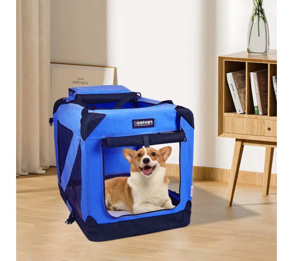 Blue - JESPET Soft Pet Crates Kennel, 3 Door Soft Sided Folding Travel Pet Carrier with Straps and Fleece Mat for Dogs, Cats, Rabbits, Indoor/Outdoor Use with Grey, Blue & Beige, Black - 36"L x 24"W x 27"H
