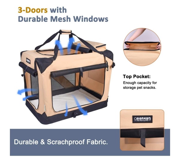 Beige - JESPET Soft Pet Crates Kennel, 3 Door Soft Sided Folding Travel Pet Carrier with Straps and Fleece Mat for Dogs, Cats, Rabbits, Indoor/Outdoor Use with Grey, Blue & Beige, Black - 30"L x 21"W x 23"H