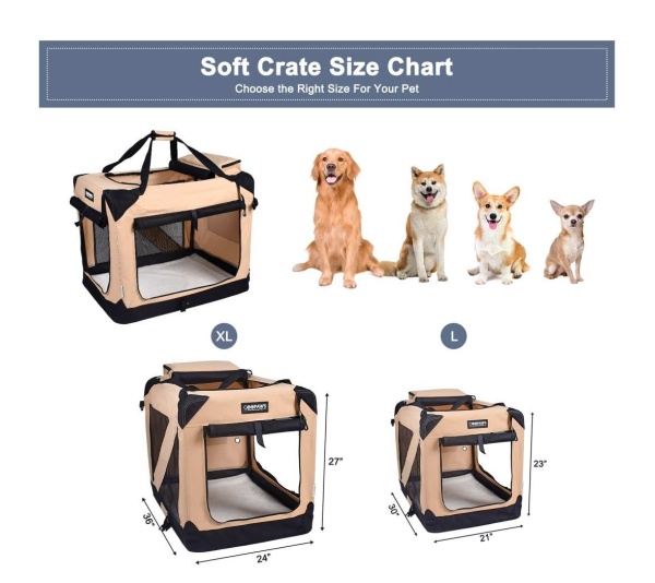 Beige - JESPET Soft Pet Crates Kennel, 3 Door Soft Sided Folding Travel Pet Carrier with Straps and Fleece Mat for Dogs, Cats, Rabbits, Indoor/Outdoor Use with Grey, Blue & Beige, Black - 30"L x 21"W x 23"H